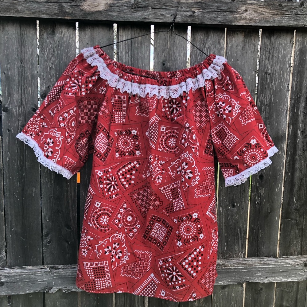 Handmade Red Bandana Print Off-Shoulder Top with Lace Trim